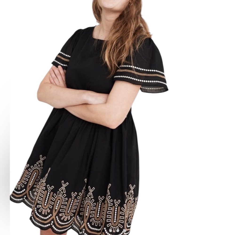Madewell True Black Embroidered Eyelet Puff Sleeve Mini Dress Size XXS Cotton